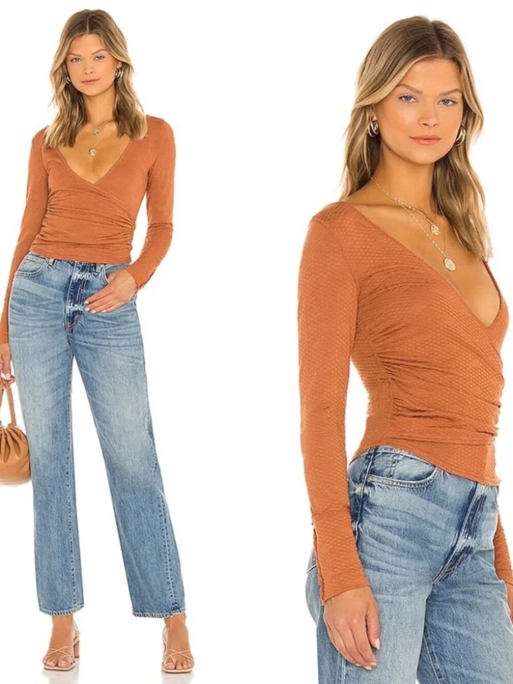FREE PEOPLE Penny Top Womens XS Brown Textured Wrap V Neck Ruched Crop Shirt